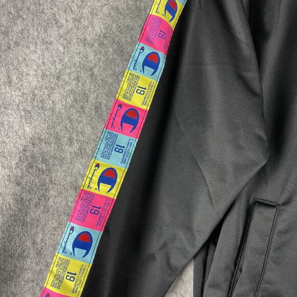 Champion Tricot Track Jacket Mens Medium Black Full Zip Colorful Logo Sporty - Picture 6 of 16